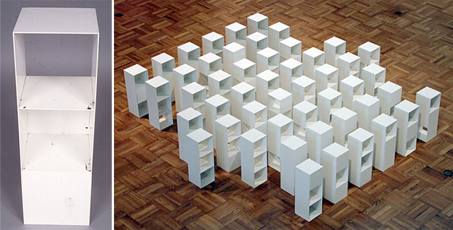Sol LeWitt, 49 Three-Part Variations on Three Different Kinds of Cubes, 1967–71. Enamel on steel, 49 units, each 23 5/8 x 7 7/8 x 7 7/8 in. (60 x 20 x 20 cm). Allen Memorial Art Museum, Oberlin College, Oberlin, Ohio; Fund for Contemporary Art, 1972. LEFT: Detail of one of the units. RIGHT: Post-treatment installation view. The discoloration and cracking affecting 33 of the units was deemed sufficiently antithetical to the artist’s intent of a perfectly white, unblemished surface that removal and reapplication of the enamel was considered a justifiable treatment. ©  2009 The Le Witt Estate / Artists Rights Society (ARS), New York